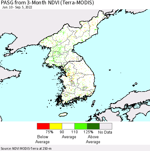 Korea PASG from 3-Month NDVI (Terra-MODIS) Thematic Map For 8/29/2022 - 9/5/2022