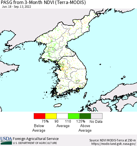 Korea PASG from 3-Month NDVI (Terra-MODIS) Thematic Map For 9/11/2022 - 9/20/2022