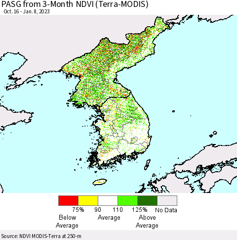 Korea PASG from 3-Month NDVI (Terra-MODIS) Thematic Map For 1/1/2023 - 1/8/2023