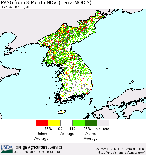 Korea PASG from 3-Month NDVI (Terra-MODIS) Thematic Map For 1/11/2023 - 1/20/2023