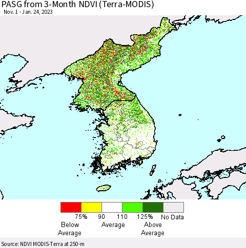 Korea PASG from 3-Month NDVI (Terra-MODIS) Thematic Map For 1/17/2023 - 1/24/2023