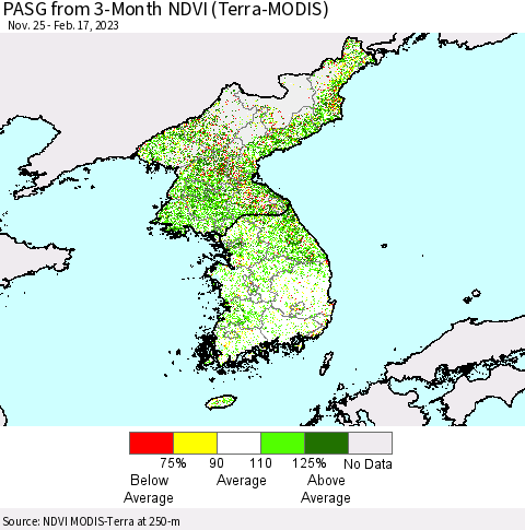 Korea PASG from 3-Month NDVI (Terra-MODIS) Thematic Map For 2/10/2023 - 2/17/2023