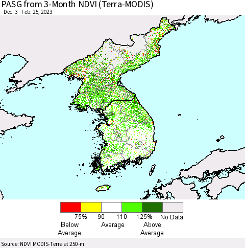 Korea PASG from 3-Month NDVI (Terra-MODIS) Thematic Map For 2/18/2023 - 2/25/2023