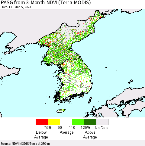 Korea PASG from 3-Month NDVI (Terra-MODIS) Thematic Map For 2/26/2023 - 3/5/2023