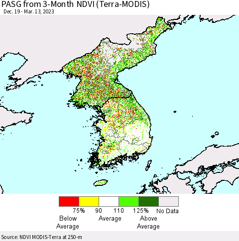 Korea PASG from 3-Month NDVI (Terra-MODIS) Thematic Map For 3/6/2023 - 3/13/2023