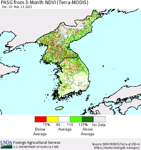 Korea PASG from 3-Month NDVI (Terra-MODIS) Thematic Map For 3/11/2023 - 3/20/2023