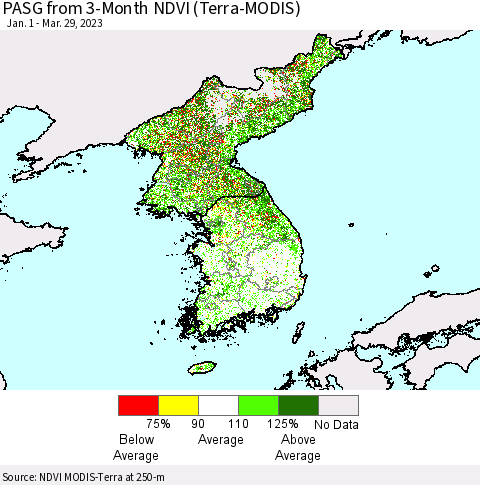 Korea PASG from 3-Month NDVI (Terra-MODIS) Thematic Map For 3/22/2023 - 3/29/2023