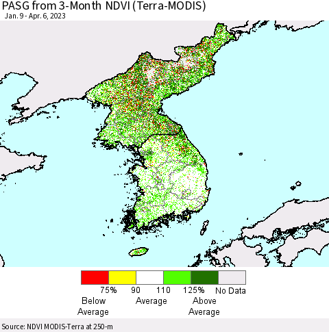 Korea PASG from 3-Month NDVI (Terra-MODIS) Thematic Map For 3/30/2023 - 4/6/2023