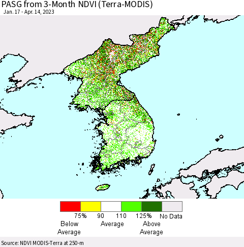 Korea PASG from 3-Month NDVI (Terra-MODIS) Thematic Map For 4/7/2023 - 4/14/2023