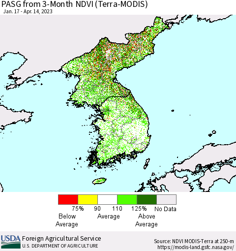 Korea PASG from 3-Month NDVI (Terra-MODIS) Thematic Map For 4/11/2023 - 4/20/2023