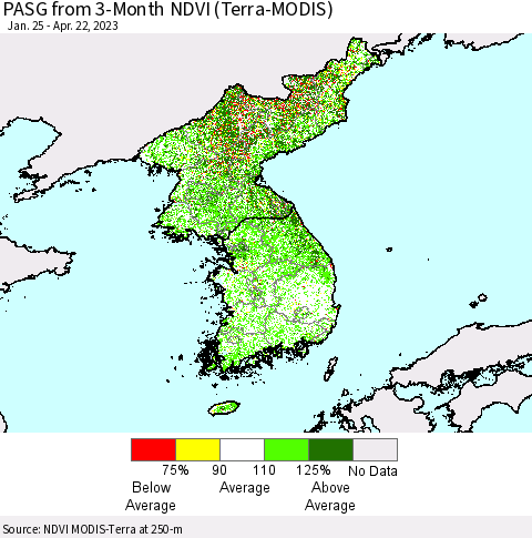 Korea PASG from 3-Month NDVI (Terra-MODIS) Thematic Map For 4/15/2023 - 4/22/2023