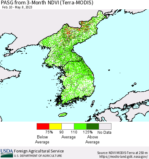 Korea PASG from 3-Month NDVI (Terra-MODIS) Thematic Map For 5/1/2023 - 5/10/2023
