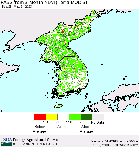 Korea PASG from 3-Month NDVI (Terra-MODIS) Thematic Map For 5/21/2023 - 5/31/2023