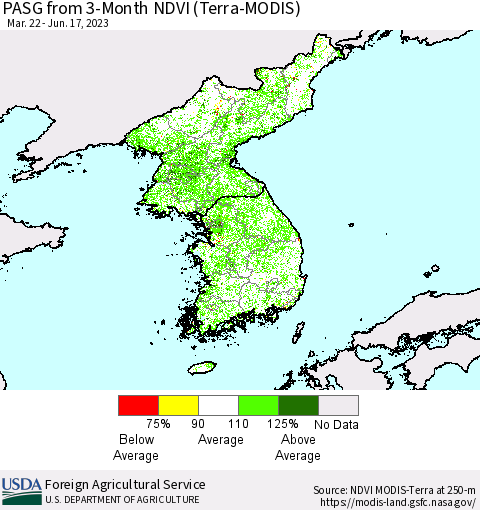 Korea PASG from 3-Month NDVI (Terra-MODIS) Thematic Map For 6/11/2023 - 6/20/2023