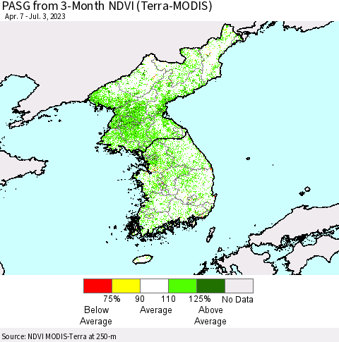 Korea PASG from 3-Month NDVI (Terra-MODIS) Thematic Map For 6/26/2023 - 7/3/2023