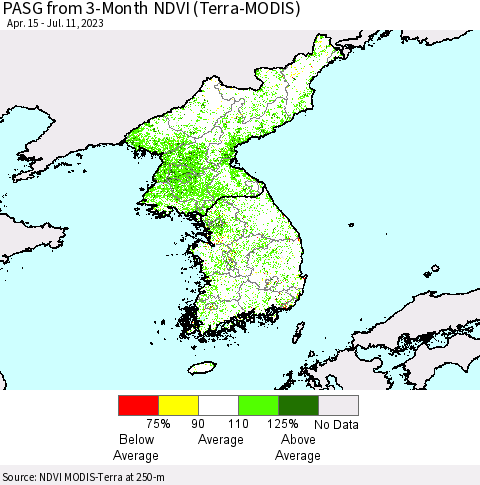 Korea PASG from 3-Month NDVI (Terra-MODIS) Thematic Map For 7/4/2023 - 7/11/2023