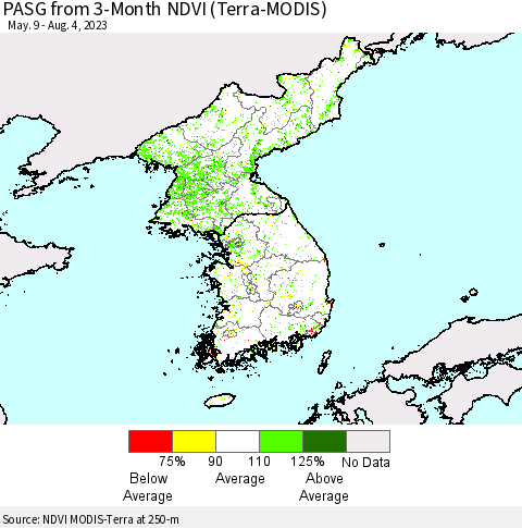 Korea PASG from 3-Month NDVI (Terra-MODIS) Thematic Map For 7/28/2023 - 8/4/2023
