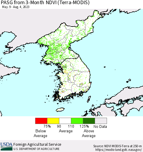 Korea PASG from 3-Month NDVI (Terra-MODIS) Thematic Map For 8/1/2023 - 8/10/2023