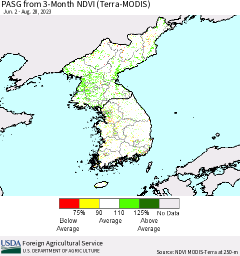 Korea PASG from 3-Month NDVI (Terra-MODIS) Thematic Map For 8/21/2023 - 8/31/2023