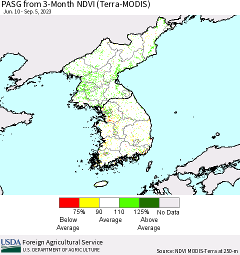Korea PASG from 3-Month NDVI (Terra-MODIS) Thematic Map For 9/1/2023 - 9/10/2023