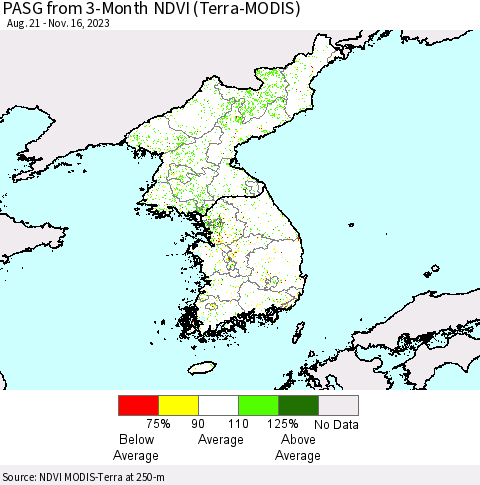 Korea PASG from 3-Month NDVI (Terra-MODIS) Thematic Map For 11/9/2023 - 11/16/2023