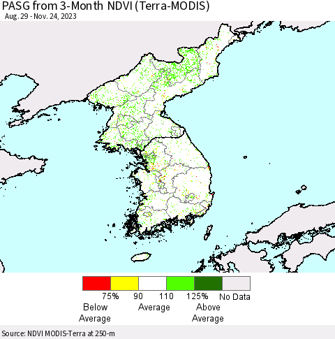 Korea PASG from 3-Month NDVI (Terra-MODIS) Thematic Map For 11/17/2023 - 11/24/2023
