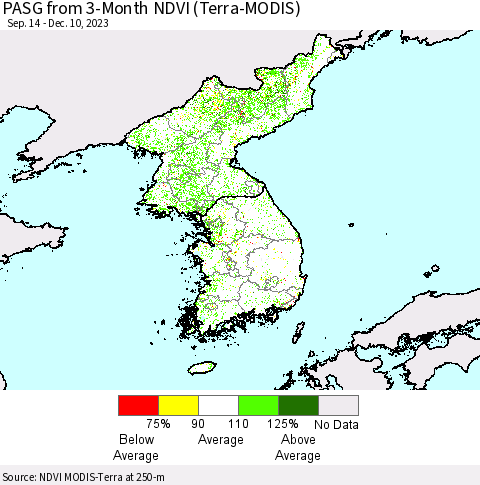Korea PASG from 3-Month NDVI (Terra-MODIS) Thematic Map For 12/3/2023 - 12/10/2023