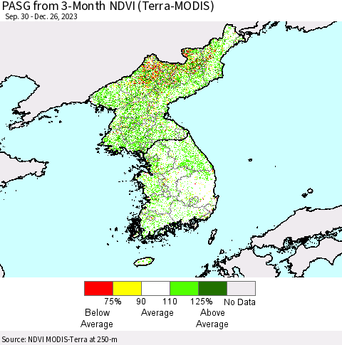 Korea PASG from 3-Month NDVI (Terra-MODIS) Thematic Map For 12/19/2023 - 12/26/2023