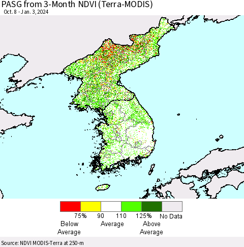 Korea PASG from 3-Month NDVI (Terra-MODIS) Thematic Map For 12/27/2023 - 1/3/2024