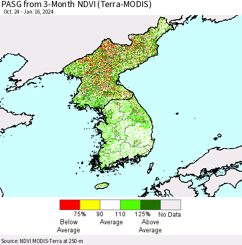 Korea PASG from 3-Month NDVI (Terra-MODIS) Thematic Map For 1/9/2024 - 1/16/2024