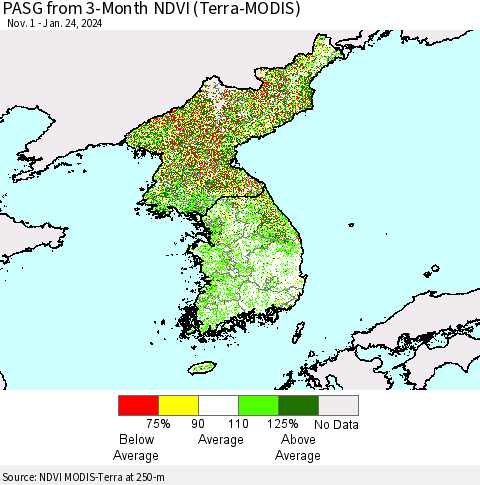 Korea PASG from 3-Month NDVI (Terra-MODIS) Thematic Map For 1/17/2024 - 1/24/2024