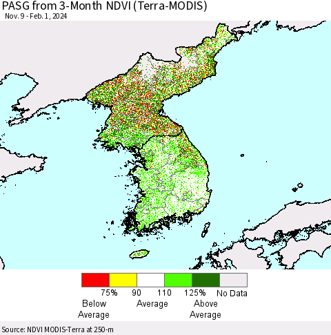 Korea PASG from 3-Month NDVI (Terra-MODIS) Thematic Map For 1/25/2024 - 2/1/2024