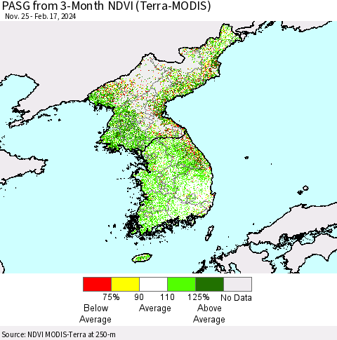 Korea PASG from 3-Month NDVI (Terra-MODIS) Thematic Map For 2/10/2024 - 2/17/2024