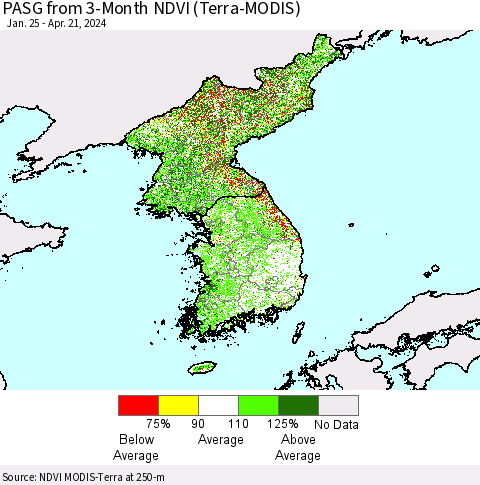 Korea PASG from 3-Month NDVI (Terra-MODIS) Thematic Map For 4/14/2024 - 4/21/2024