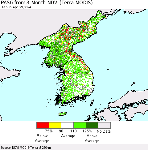 Korea PASG from 3-Month NDVI (Terra-MODIS) Thematic Map For 4/22/2024 - 4/29/2024