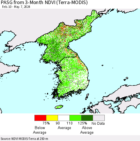 Korea PASG from 3-Month NDVI (Terra-MODIS) Thematic Map For 4/30/2024 - 5/7/2024