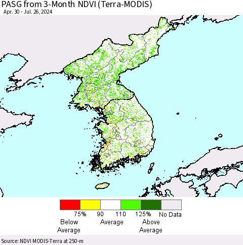 Korea PASG from 3-Month NDVI (Terra-MODIS) Thematic Map For 7/19/2024 - 7/26/2024
