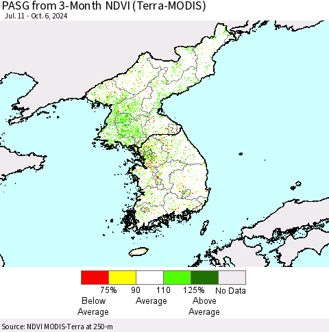 Korea PASG from 3-Month NDVI (Terra-MODIS) Thematic Map For 9/29/2024 - 10/6/2024