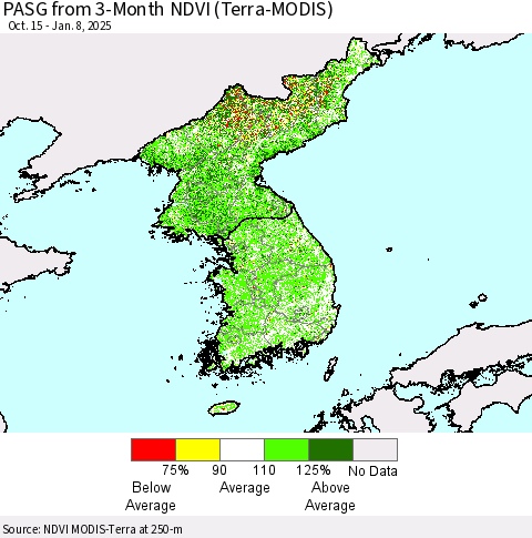 Korea PASG from 3-Month NDVI (Terra-MODIS) Thematic Map For 1/1/2025 - 1/8/2025