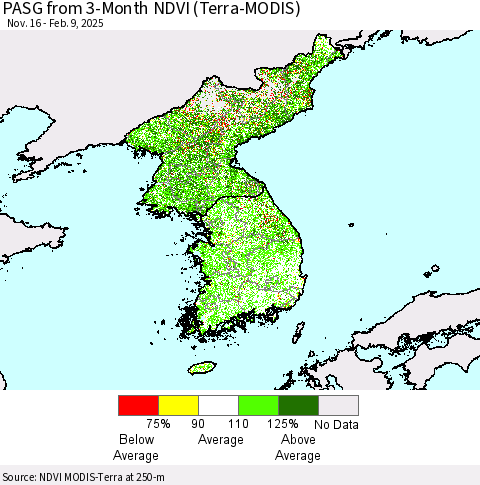 Korea PASG from 3-Month NDVI (Terra-MODIS) Thematic Map For 2/2/2025 - 2/9/2025