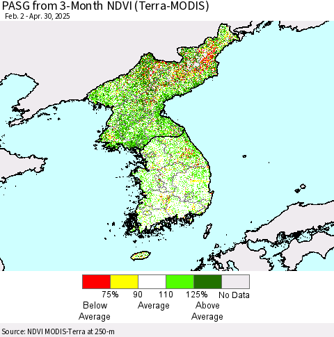 Korea PASG from 3-Month NDVI (Terra-MODIS) Thematic Map For 4/23/2025 - 4/30/2025