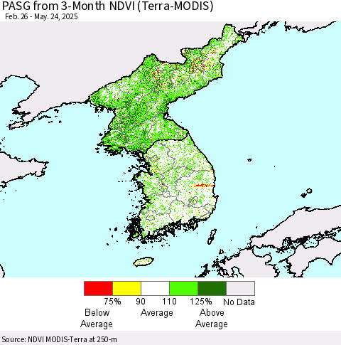 Korea PASG from 3-Month NDVI (Terra-MODIS) Thematic Map For 5/17/2025 - 5/24/2025