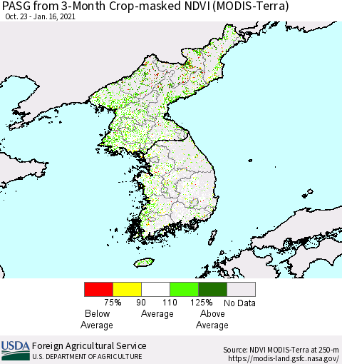 Korea PASG from 3-Month Cropland NDVI (Terra-MODIS) Thematic Map For 1/11/2021 - 1/20/2021