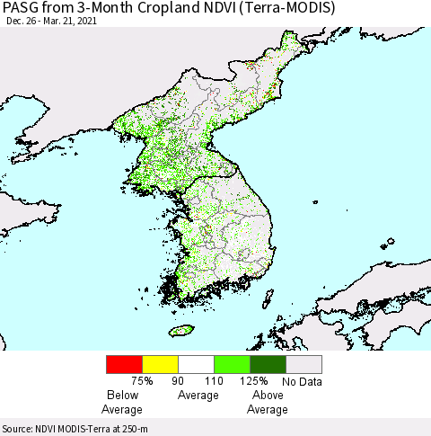 Korea PASG from 3-Month Cropland NDVI (Terra-MODIS) Thematic Map For 3/14/2021 - 3/21/2021