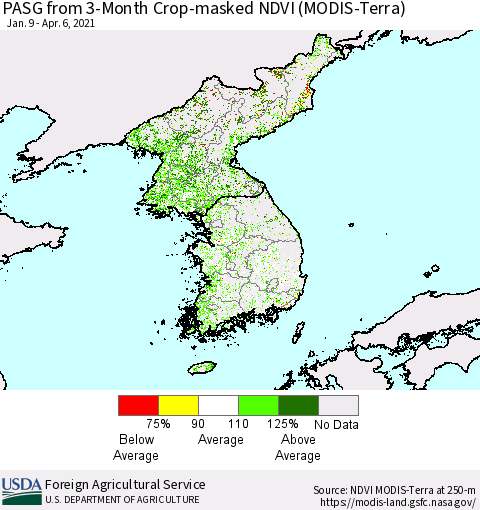 Korea PASG from 3-Month Cropland NDVI (Terra-MODIS) Thematic Map For 4/1/2021 - 4/10/2021