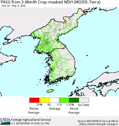 Korea PASG from 3-Month Cropland NDVI (Terra-MODIS) Thematic Map For 5/1/2021 - 5/10/2021