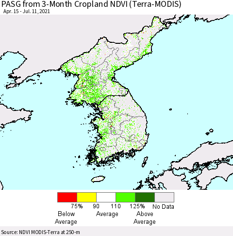 Korea PASG from 3-Month Cropland NDVI (Terra-MODIS) Thematic Map For 7/4/2021 - 7/11/2021
