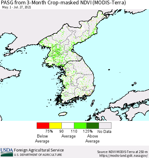 Korea PASG from 3-Month Cropland NDVI (Terra-MODIS) Thematic Map For 7/21/2021 - 7/31/2021