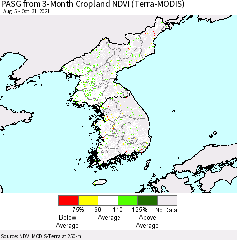 Korea PASG from 3-Month Cropland NDVI (Terra-MODIS) Thematic Map For 10/24/2021 - 10/31/2021