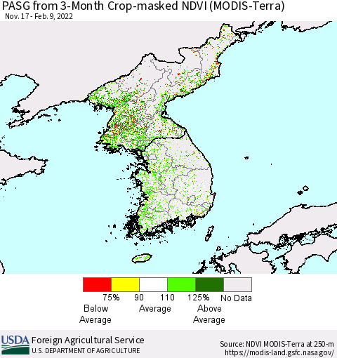 Korea PASG from 3-Month Cropland NDVI (Terra-MODIS) Thematic Map For 2/1/2022 - 2/10/2022